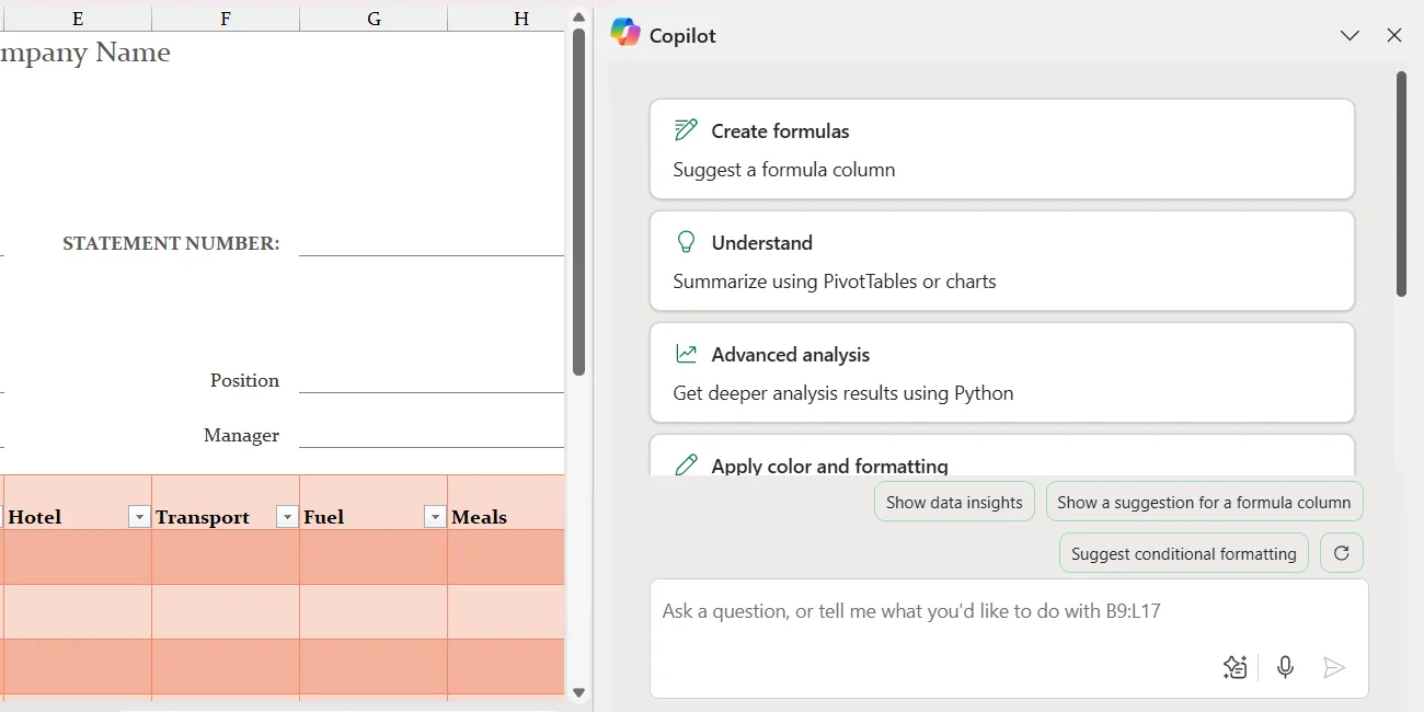 Giao diện Copilot AI tích hợp trong bảng tính Excel, hỗ trợ tạo công thức và phân tích dữ liệu.