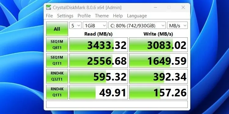 Giao diện CrystalDiskMark hiển thị kết quả kiểm tra tốc độ đọc và ghi của ổ cứng SSD