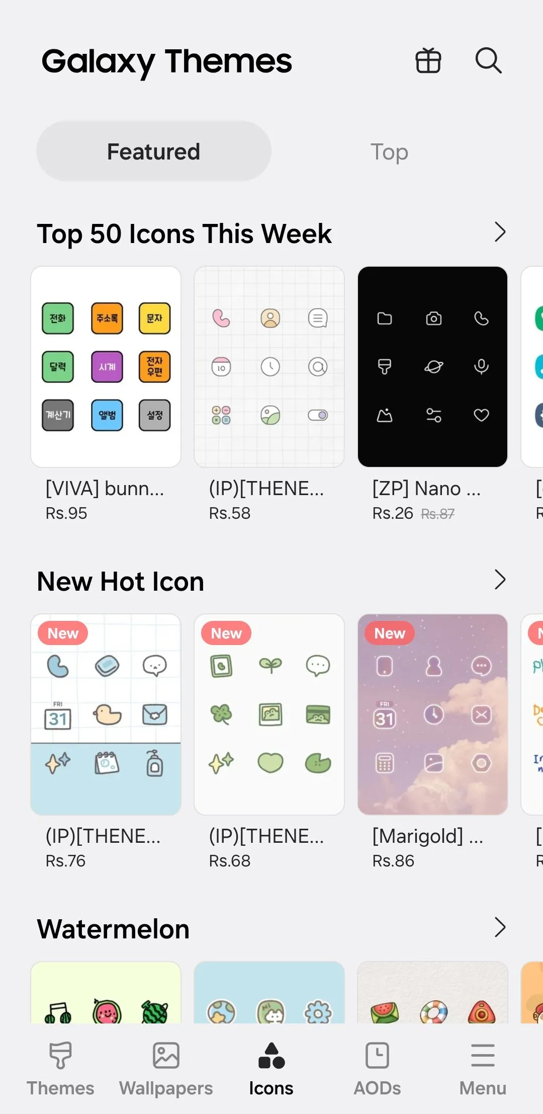 Giao diện cửa hàng Galaxy Themes hiển thị các gói biểu tượng ứng dụng