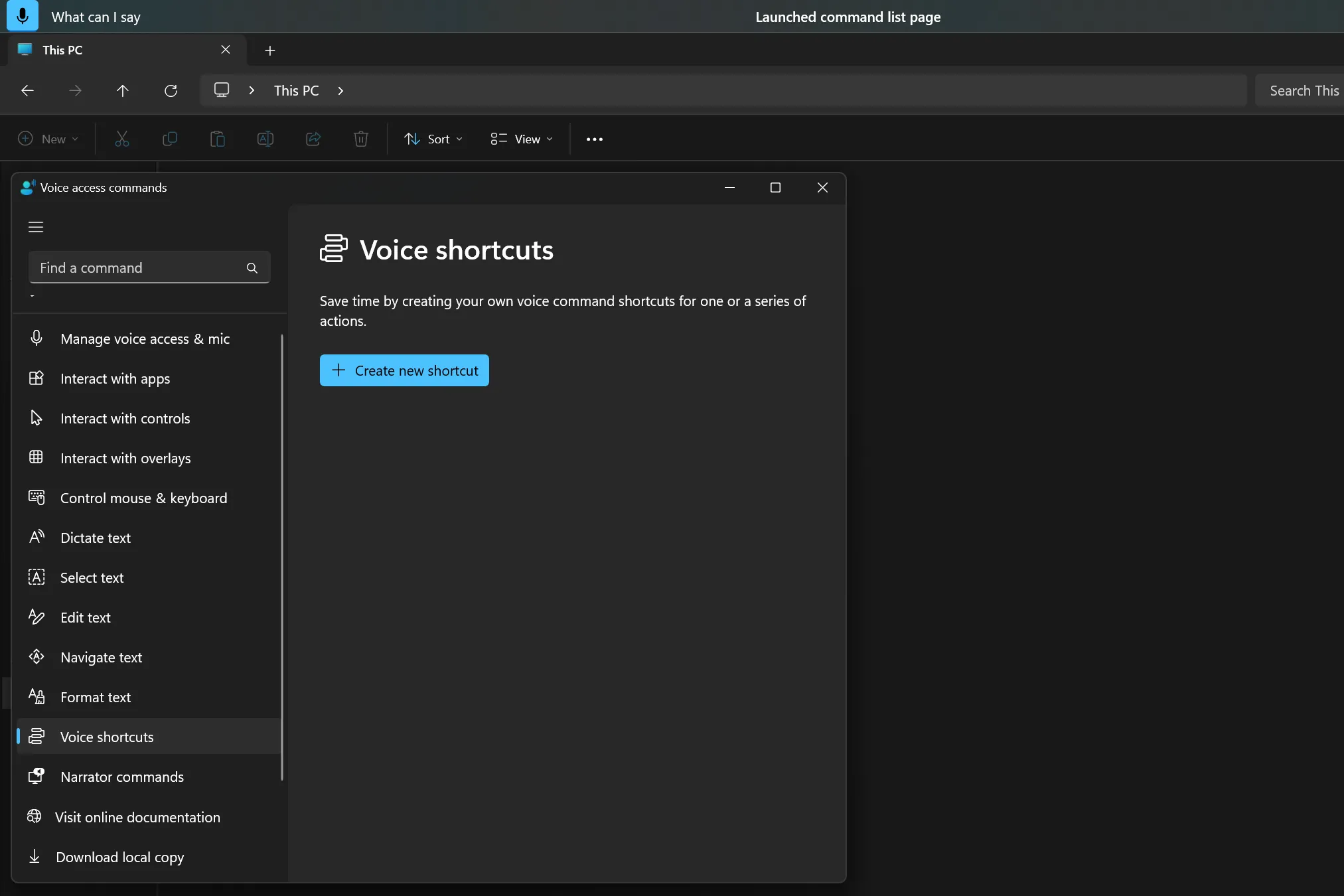 Giao diện cửa sổ Tùy chỉnh phím tắt giọng nói trong cài đặt Voice Access của Windows 11