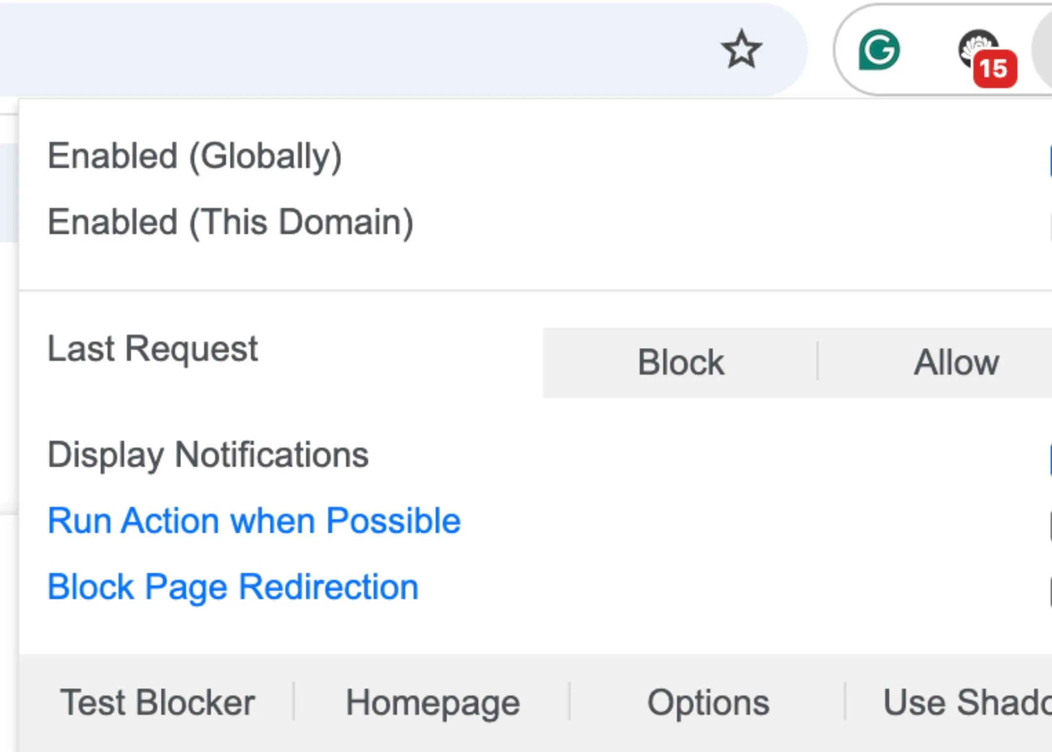 Giao diện của tiện ích Popup Blocker (Strict) trên trình duyệt Chrome