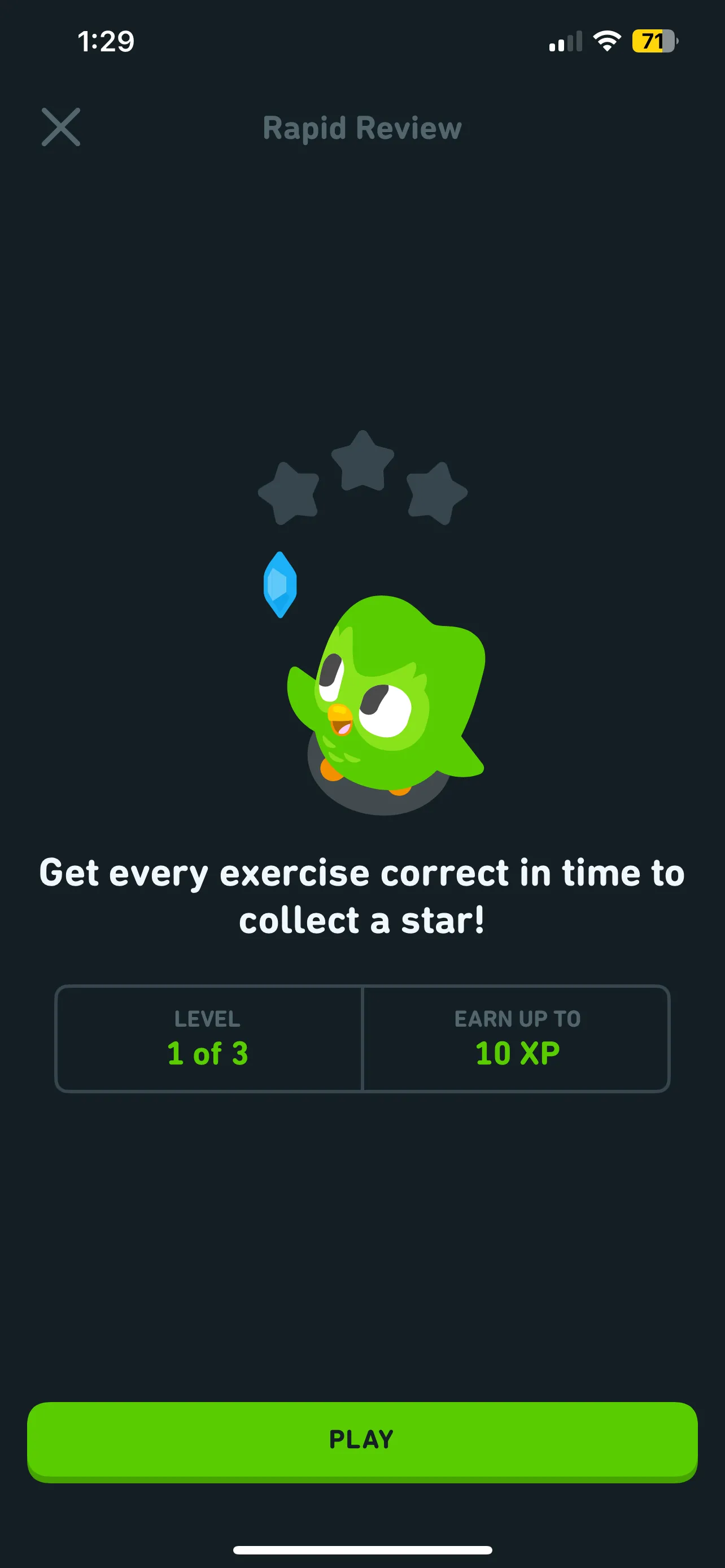 Giao diện của tính năng Ôn tập nhanh (Rapid Review) trong Duolingo, hiển thị tiến độ phiên ôn tập 1 trong 3.