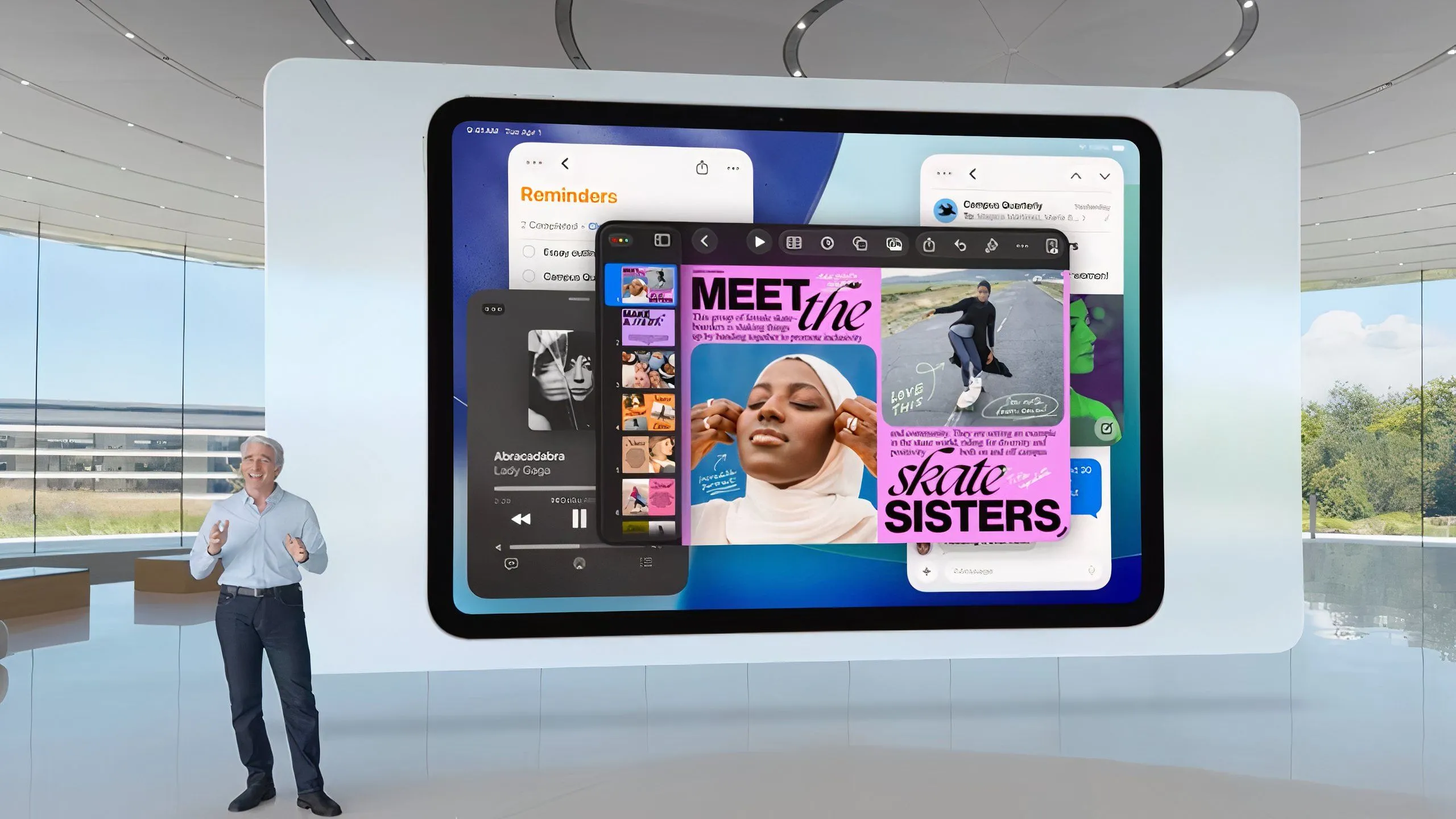Giao diện đa nhiệm mới trên iPadOS 26 với nhiều cửa sổ ứng dụng được sắp xếp linh hoạt