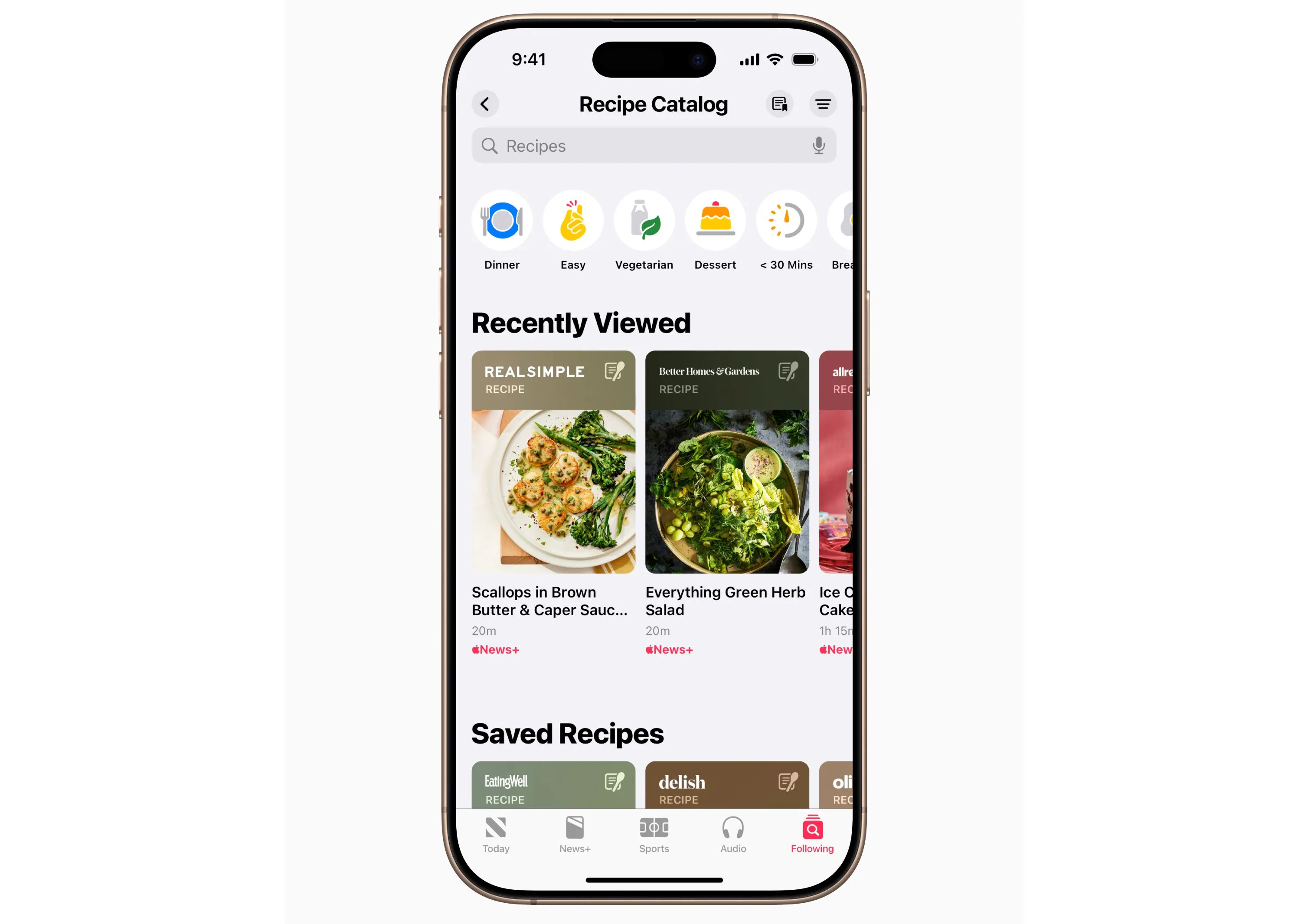 Giao diện danh mục công thức nấu ăn của Apple News+ Food, hiển thị các lựa chọn tìm kiếm và bộ lọc.