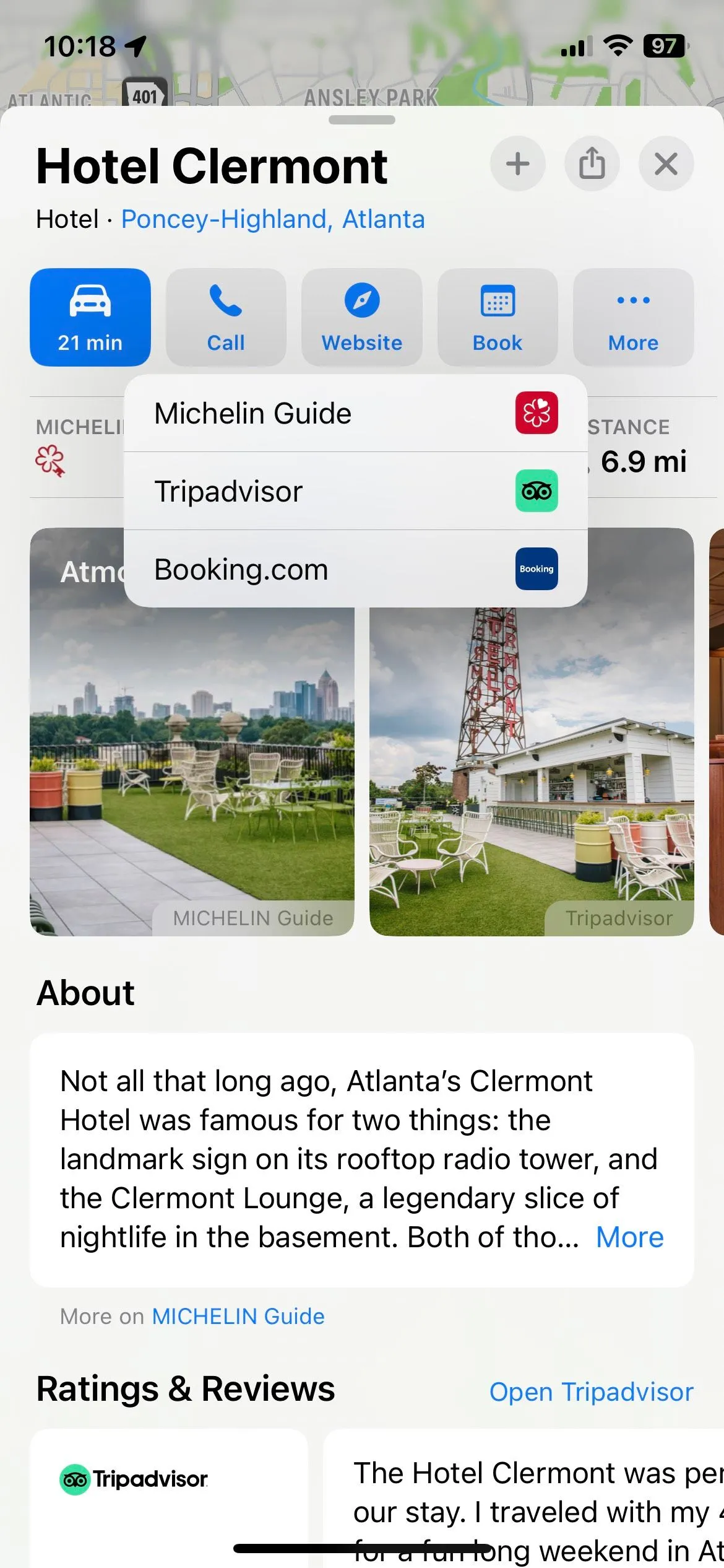 Giao diện đặt phòng khách sạn thông qua Michelin Guide tích hợp trên Apple Maps.