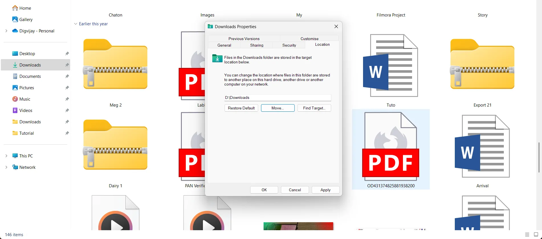 Giao diện di chuyển thư mục Downloads trong cài đặt Properties của Windows 11