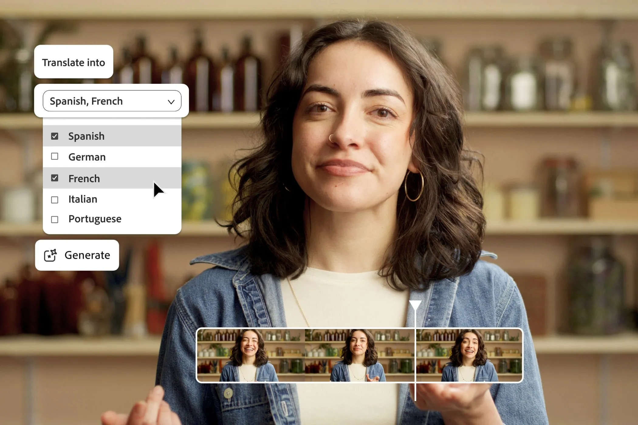 Giao diện dịch vụ AI Translate Video của Adobe Firefly minh họa tính năng dịch giọng nói và tùy chọn ngôn ngữ.