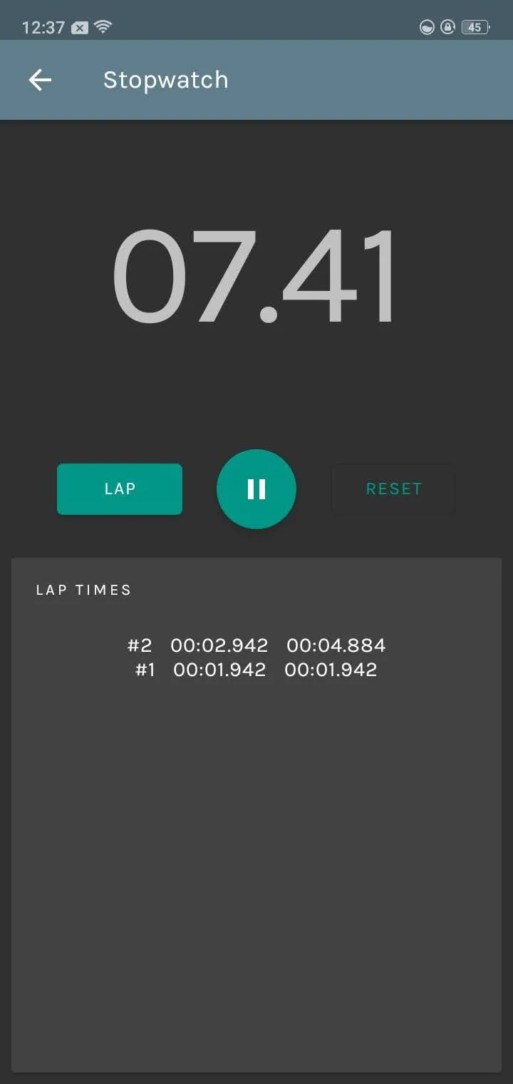 Giao diện đồng hồ bấm giờ (stopwatch) tích hợp trong ứng dụng AMDroid