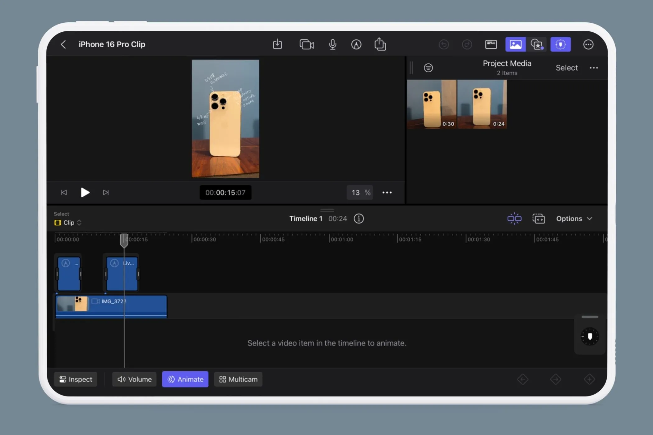 Giao diện dòng thời gian (timeline) của Final Cut Pro trên iPad hiển thị vị trí biểu tượng bút chì để bật Live Drawing.