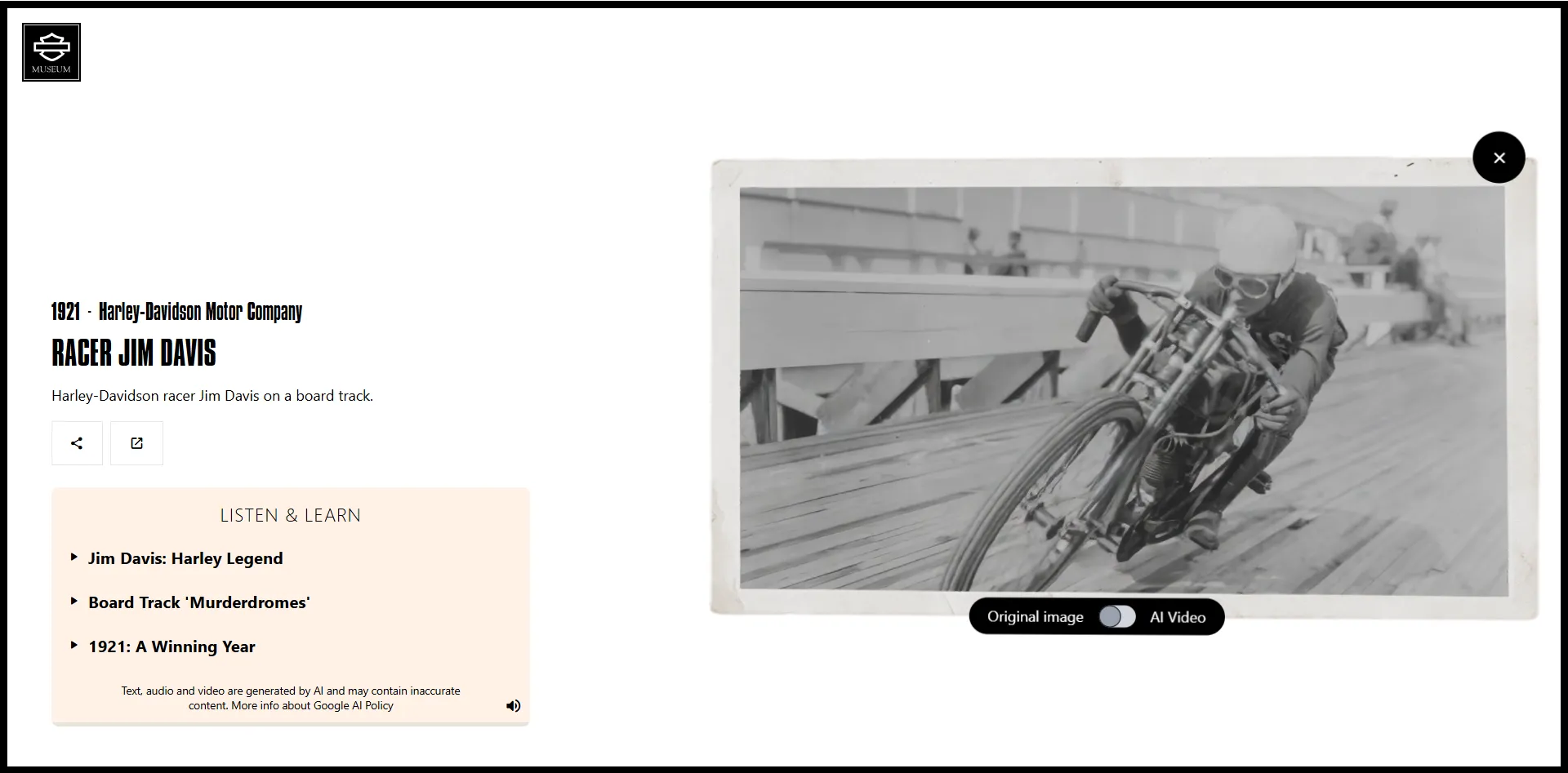 Giao diện dự án Moving Archives của Google Arts & Culture và Bảo tàng Harley-Davidson, hiển thị ảnh lịch sử được AI hồi sinh thành hoạt ảnh.