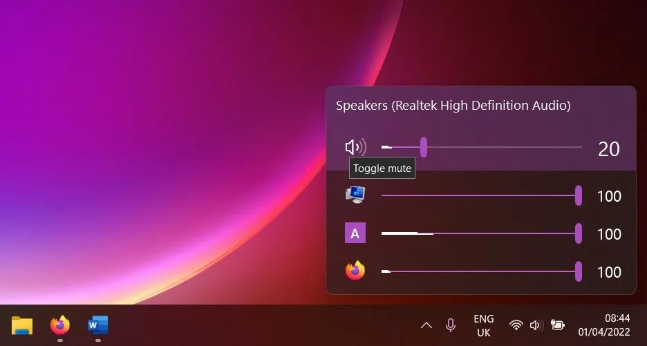 Giao diện EarTrumpet hiển thị bộ trộn âm lượng ứng dụng trên Windows 11 với khả năng điều chỉnh riêng biệt
