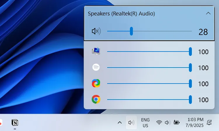 Giao diện EarTrumpet trên Windows 11 hiển thị các thanh trượt âm lượng cho từng ứng dụng riêng biệt.