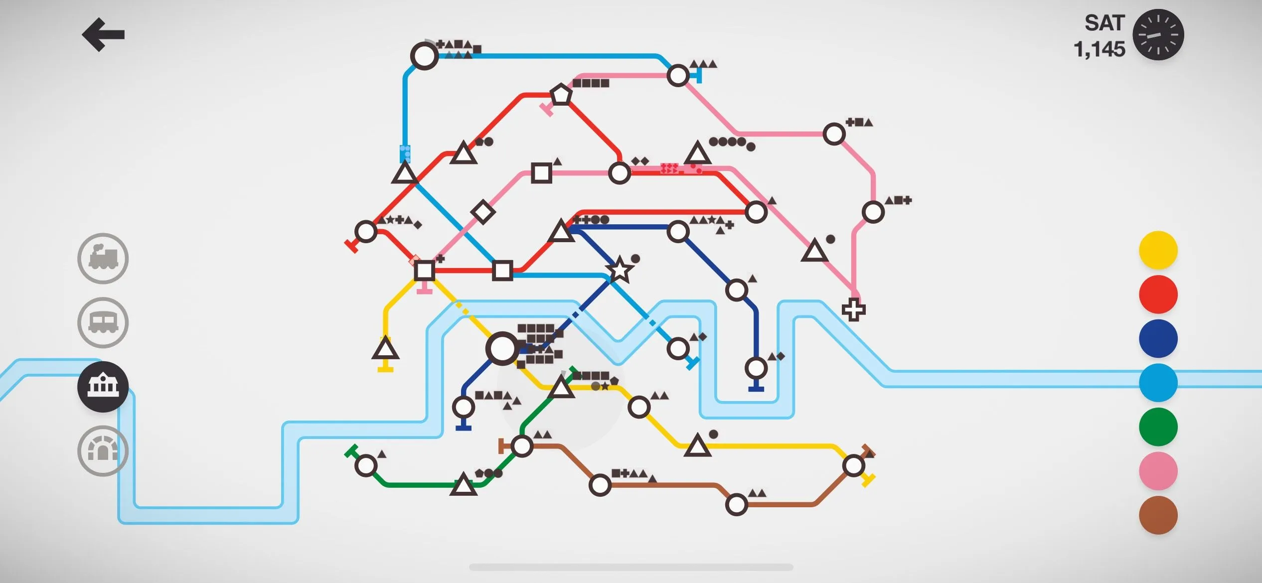 Giao diện game Mini Metro trên iPhone, hiển thị bản đồ hệ thống đường sắt đơn giản nhưng hấp dẫn, minh họa game thư giãn để giảm stress.
