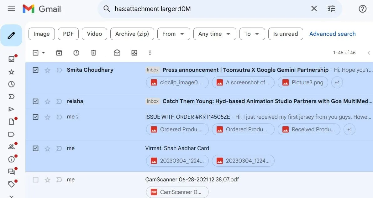 Giao diện Gmail hiển thị kết quả tìm kiếm email có tệp đính kèm dung lượng lớn hơn 10MB để người dùng dễ dàng quản lý và xóa.