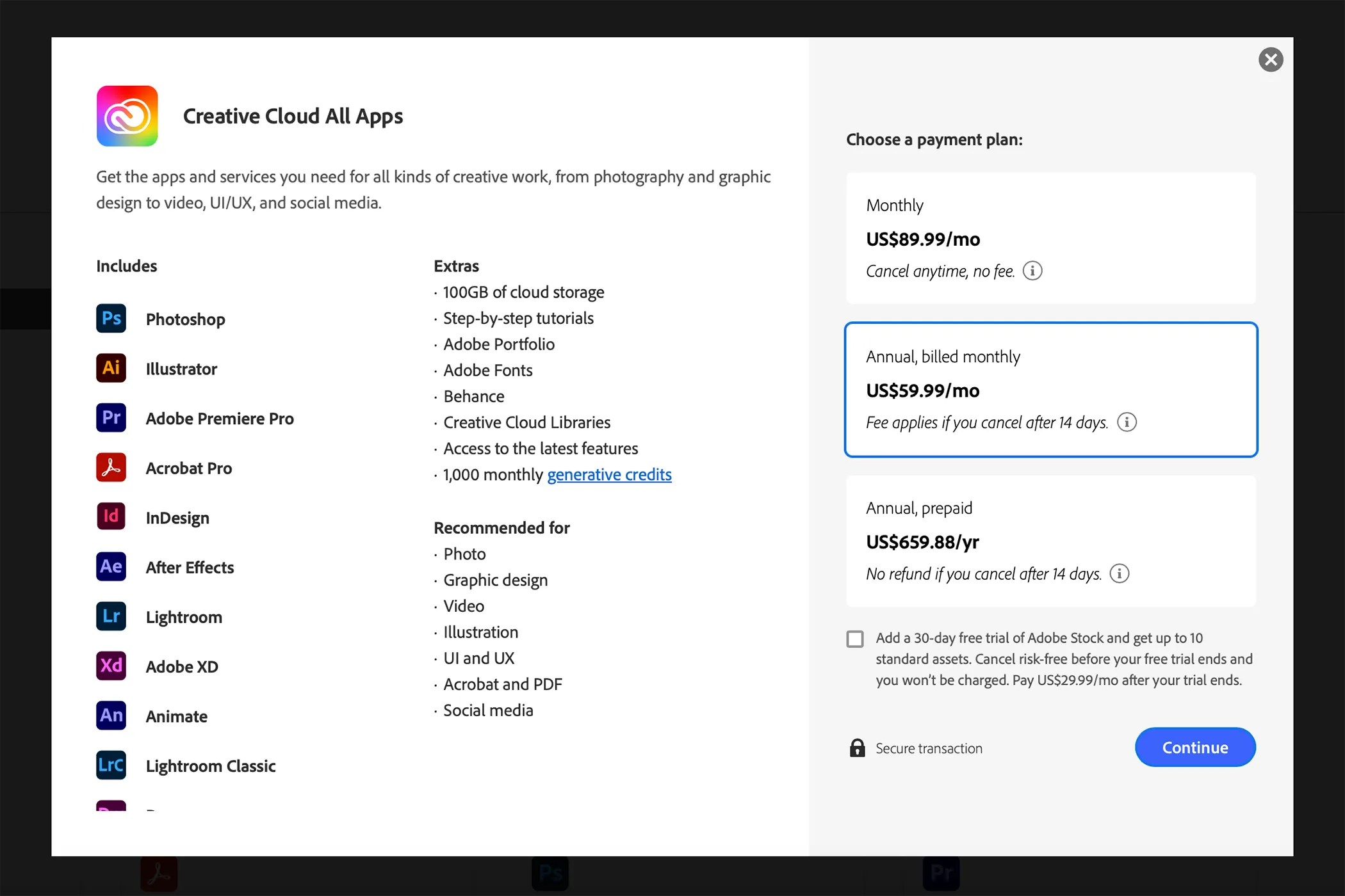 Giao diện gói Adobe Creative Cloud All Apps hiện tại, sắp bị thay thế bởi Creative Cloud Pro và Standard.