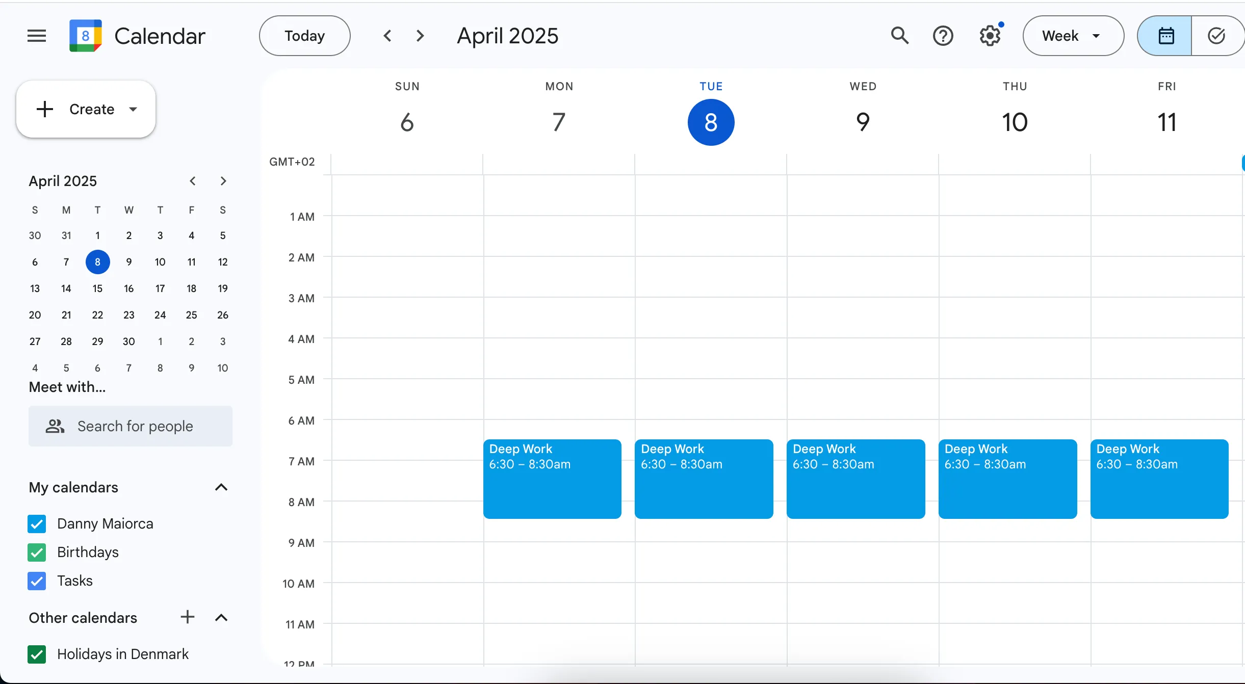 Giao diện Google Calendar hiển thị lịch trình theo tuần, với các khối thời gian dành cho công việc chuyên sâu
