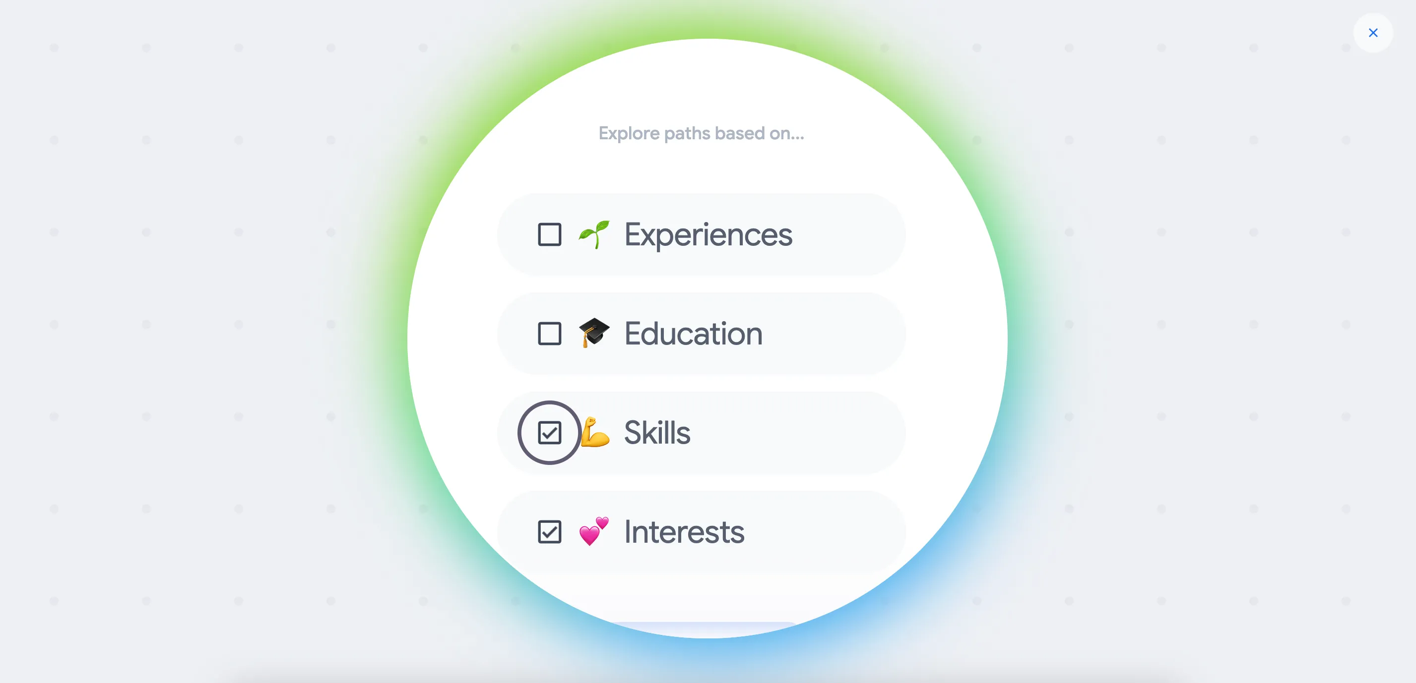 Giao diện Google Career Dreamer cho phép tùy chỉnh tiêu chí khám phá con đường sự nghiệp.