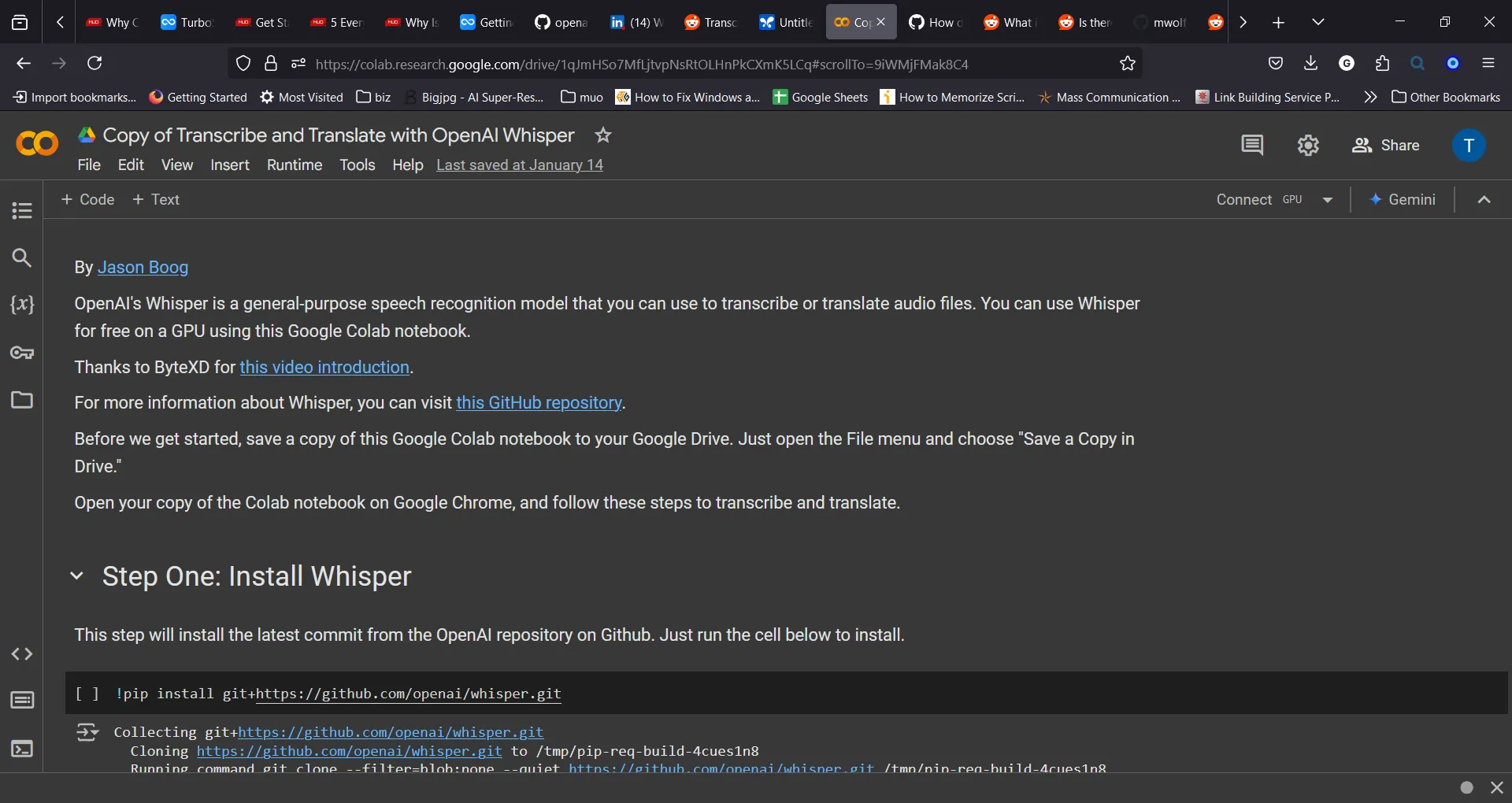 Giao diện Google Colab hiển thị cách sử dụng OpenAI Whisper để phiên âm âm thanh trực tuyến