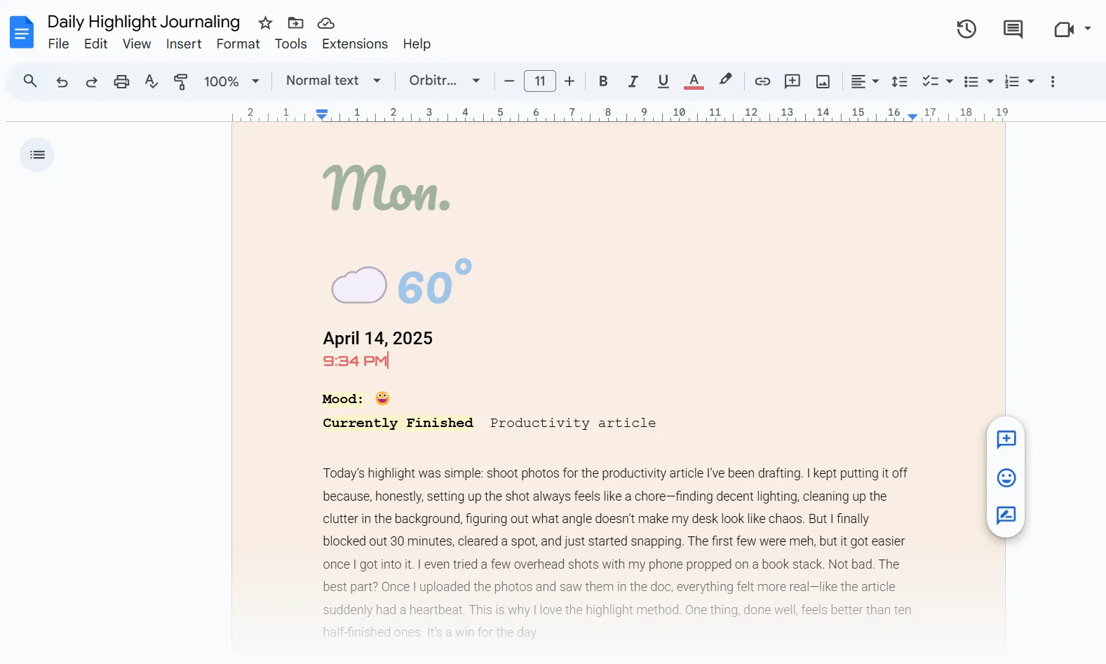 Giao diện Google Docs với ghi chú chi tiết và nhật ký tiến độ của phương pháp 'Điểm Nhấn Hàng Ngày', hỗ trợ theo dõi cảm xúc và công việc