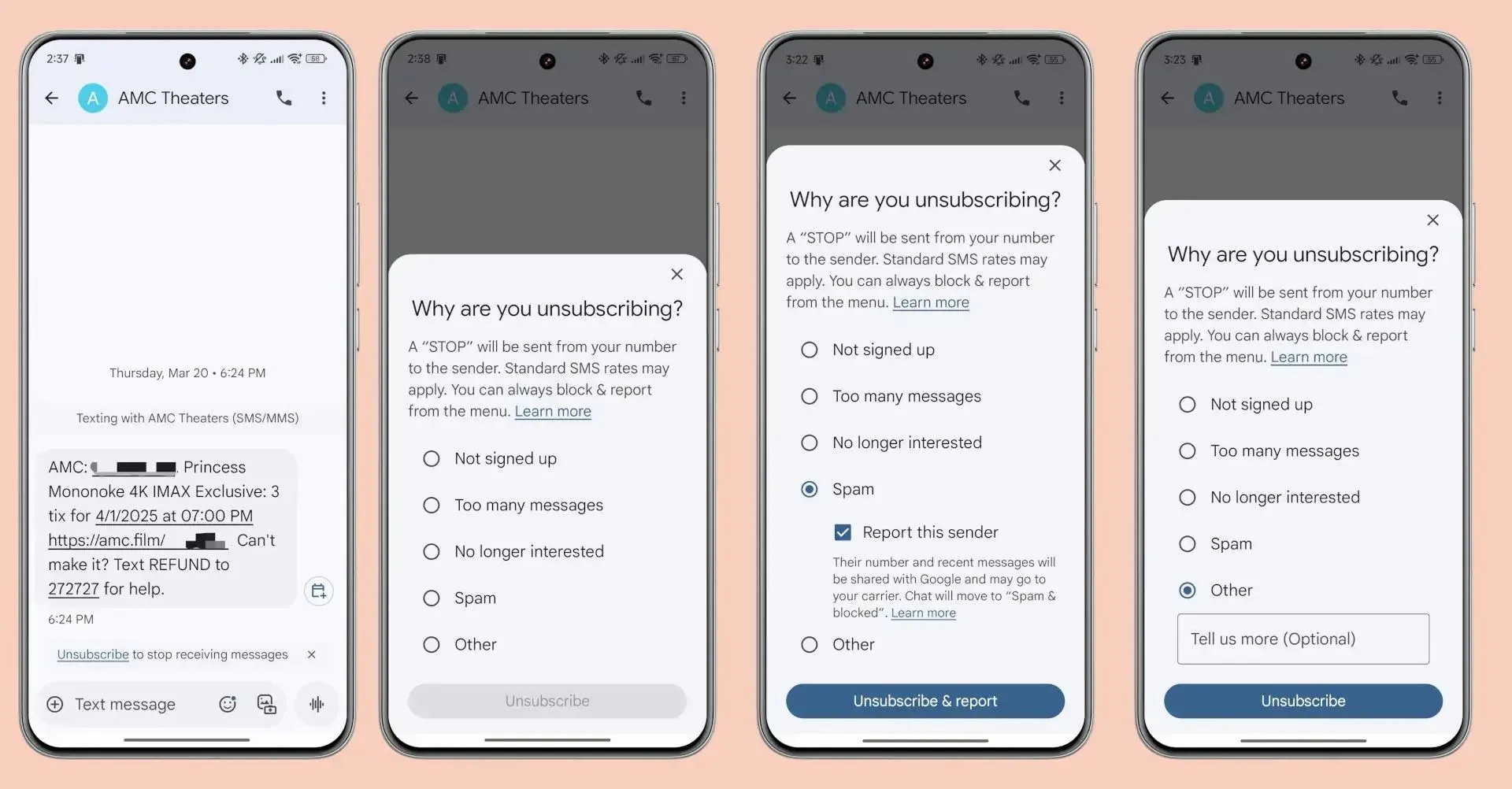 Giao diện Google Messages hiển thị tùy chọn hủy đăng ký và các lý do ngừng nhận tin nhắn tự động