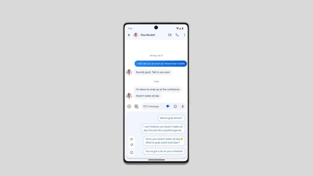 Giao diện Google Messages trên Android với tính năng Magic Compose (RCS) đang hoạt động.