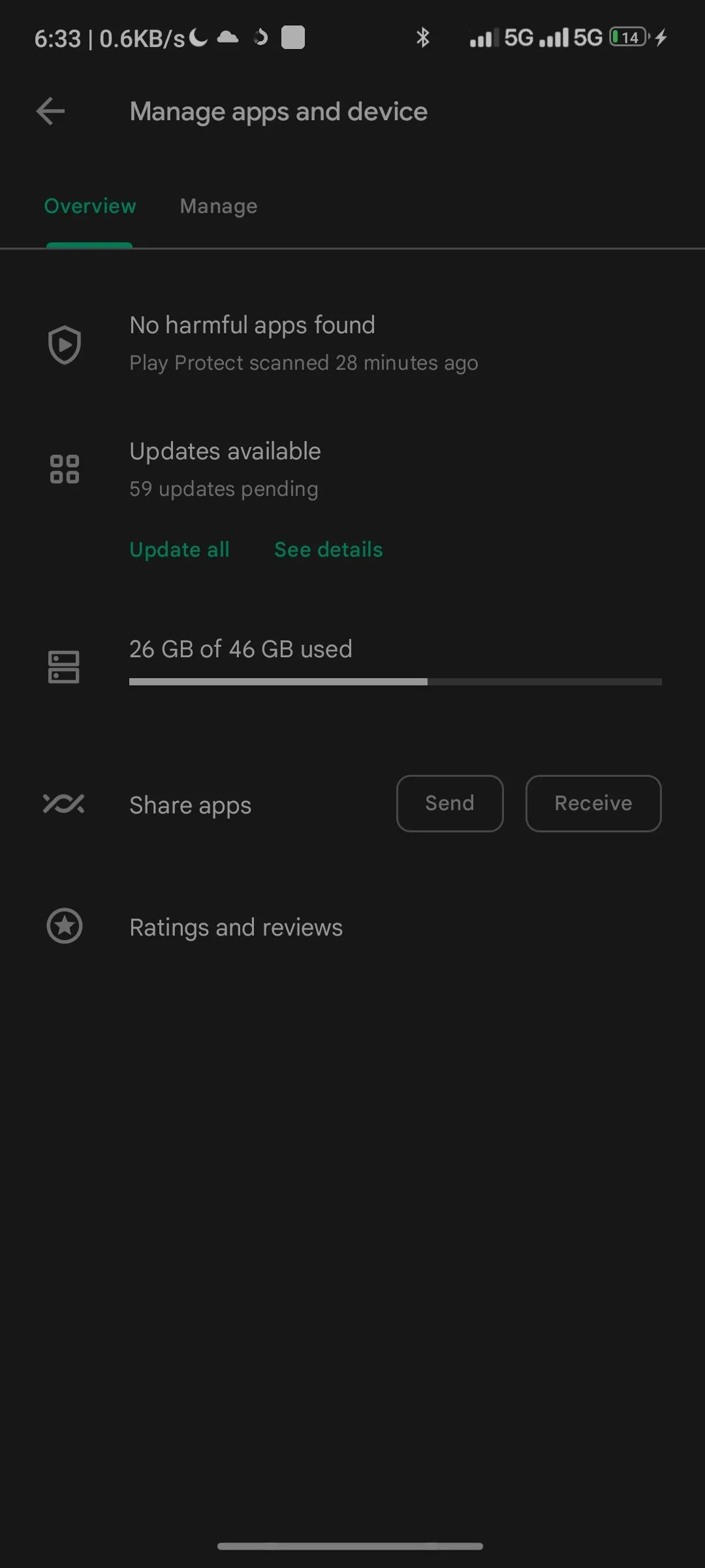 Giao diện Google Play Store với tùy chọn &quot;Quản lý ứng dụng &amp; thiết bị&quot;, hiển thị các ứng dụng cần cập nhật