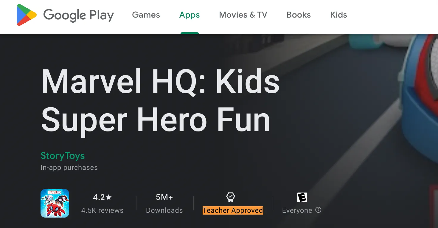 Giao diện Google Play Store với ứng dụng Marvel HQ được gắn nhãn &quot;Teacher Approved&quot;