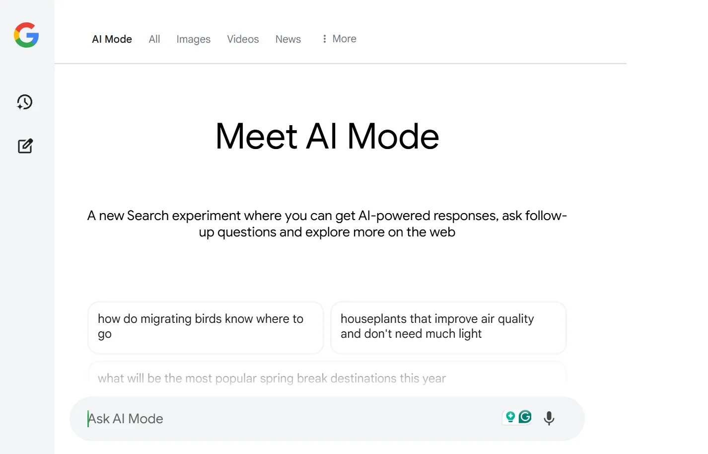 Giao diện Google Search với tab "AI Mode" mới, hiển thị câu trả lời dạng đàm thoại từ AI.
