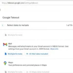 Giao diện Google Takeout với mục Mail (Gmail) được chọn để xuất dữ liệu.