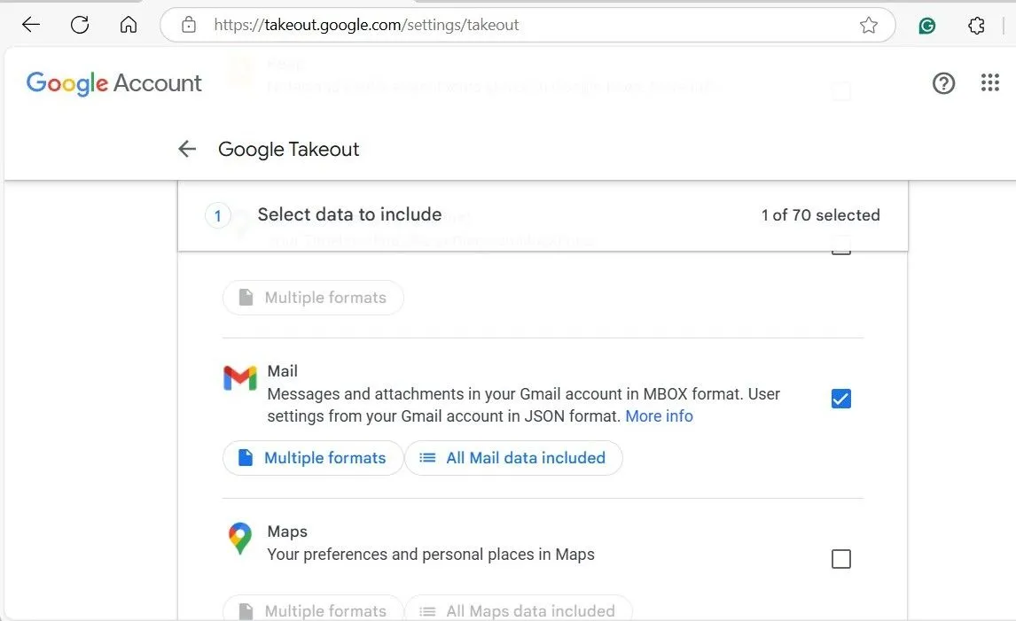 Giao diện Google Takeout với mục Mail (Gmail) được chọn để xuất dữ liệu.