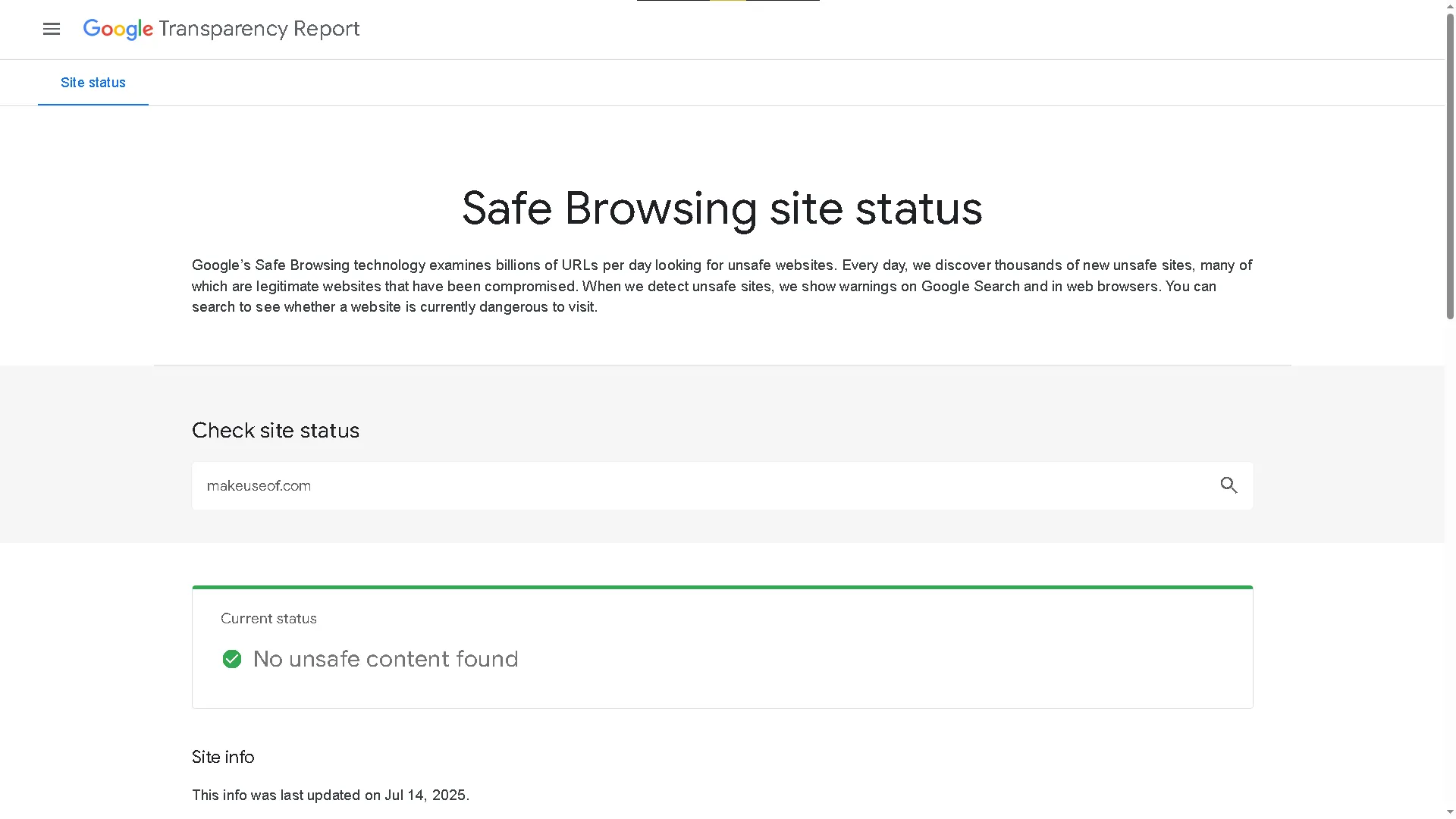 Giao diện Google Transparency Report hiển thị kết quả kiểm tra độ an toàn của một trang web mua sắm trực tuyến.