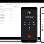 Giao diện Google Voice trên nhiều thiết bị như điện thoại, máy tính bảng và laptop, thể hiện khả năng gọi điện quốc tế.