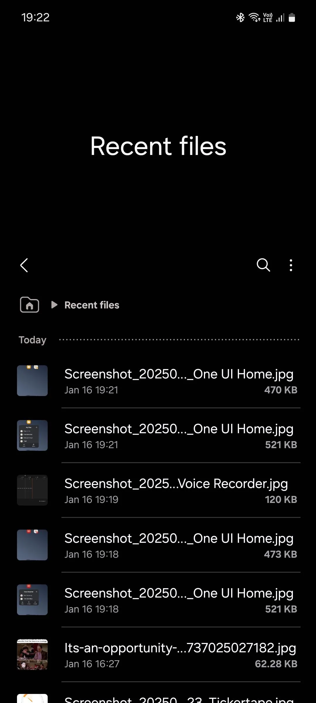 Giao diện hiển thị các tệp gần đây trong ứng dụng Samsung My Files.
