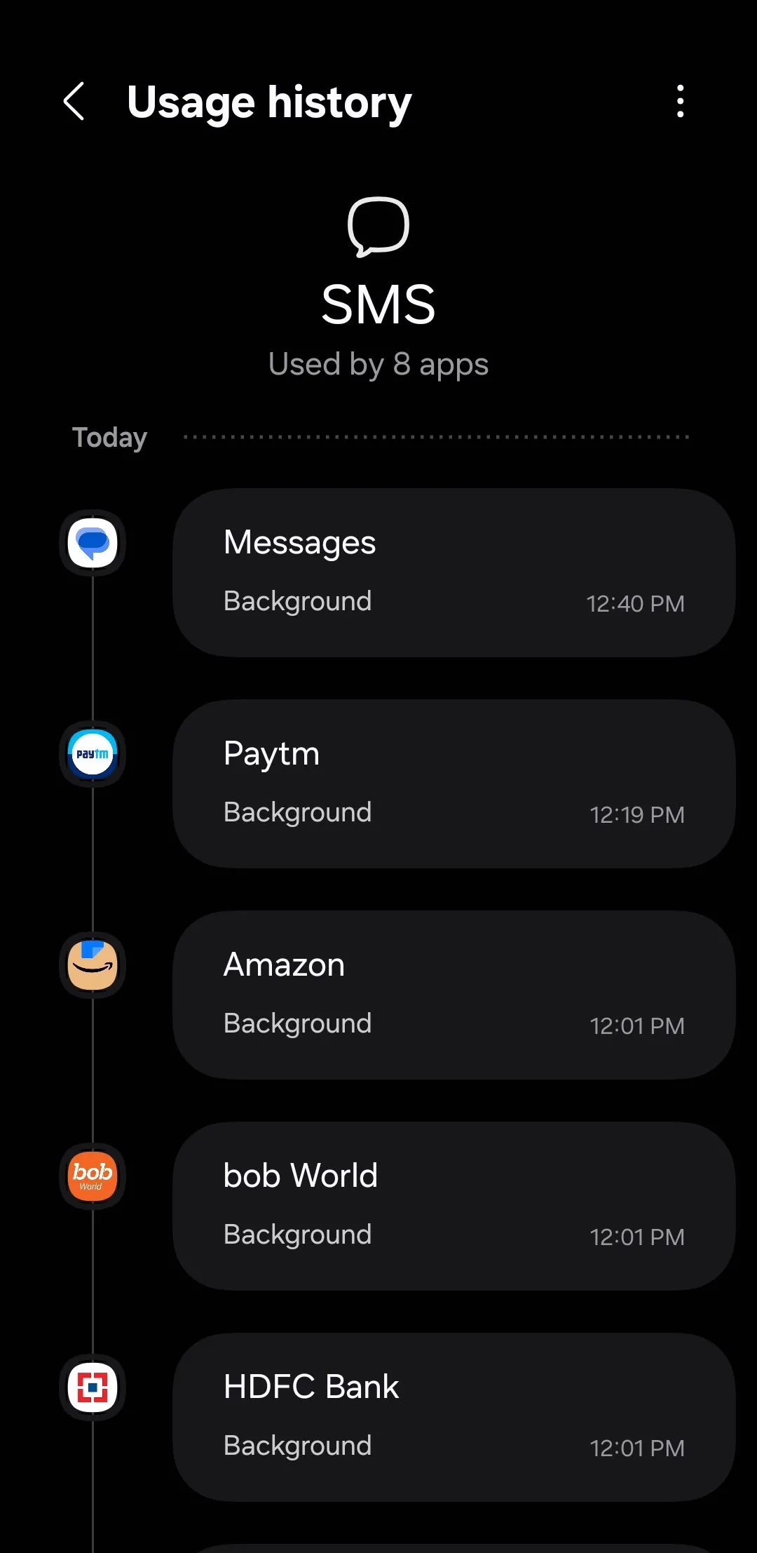 Giao diện hiển thị các ứng dụng đã sử dụng quyền SMS trong 24 giờ qua trên điện thoại Samsung Galaxy