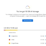 Giao diện hiển thị dung lượng sử dụng trên tài khoản Google, cho thấy giới hạn 15GB miễn phí.