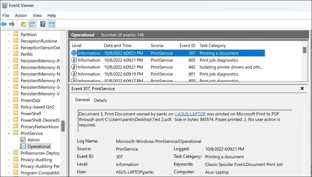Giao diện hiển thị nhật ký in ấn chi tiết trong Event Viewer
