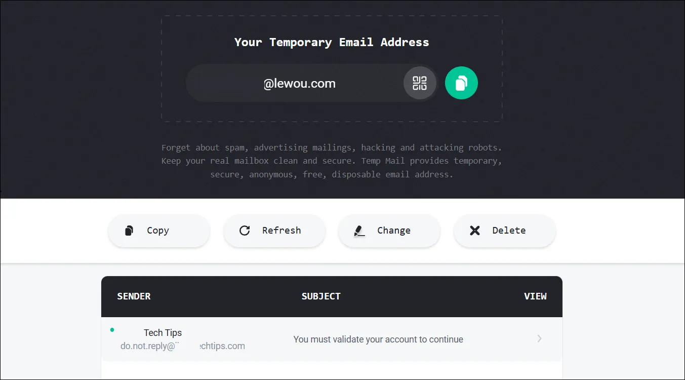 Giao diện hộp thư đến của dịch vụ Temp-Mail, hiển thị một email xác nhận tài khoản.