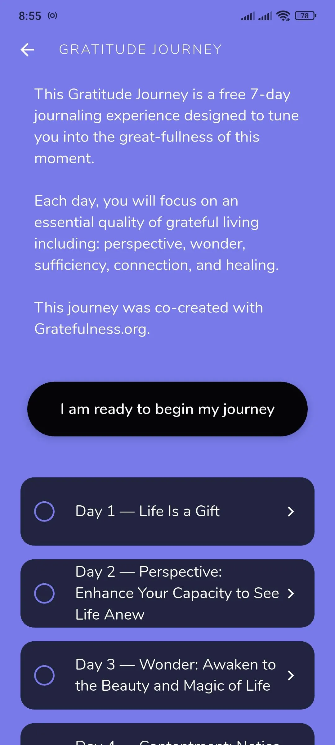 Giao diện hướng dẫn hành trình biết ơn 7 ngày của Reflection.app, nhấn mạnh tính năng nhật ký có hướng dẫn