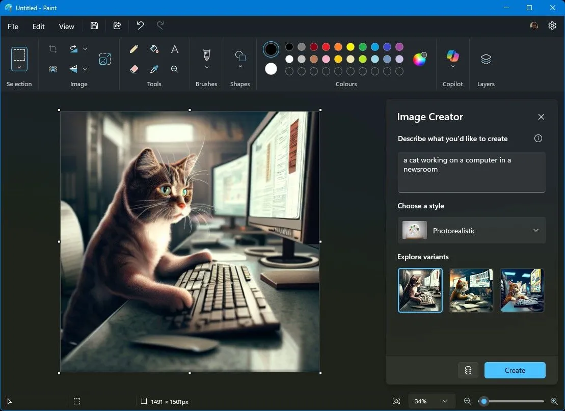 Giao diện Image Creator của Microsoft Paint, cho phép tạo hình ảnh AI từ văn bản mô tả, với các tùy chọn phong cách.
