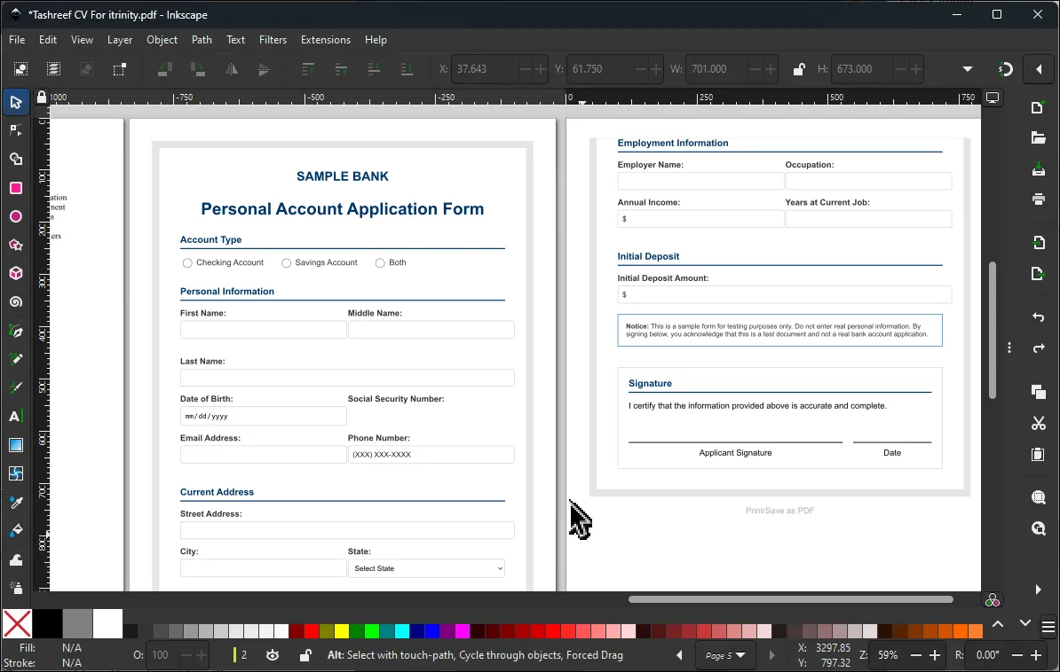 Giao diện Inkscape khi chỉnh sửa file PDF, hiển thị các lớp và công cụ chỉnh sửa đồ họa vector.