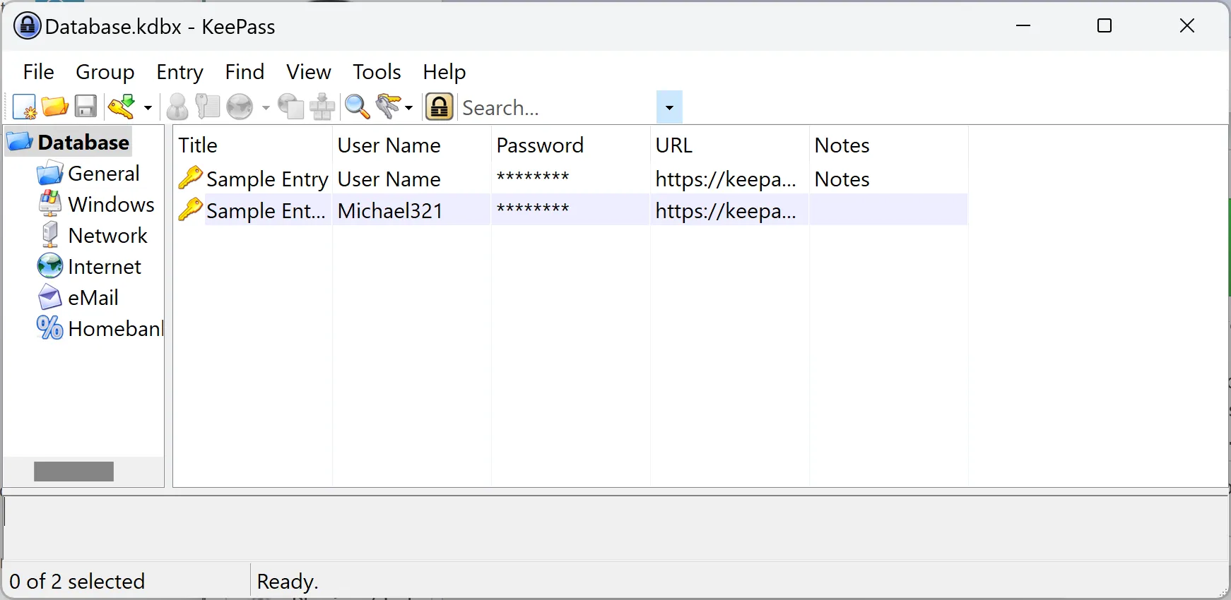 Giao diện KeePass khi thêm và lưu trữ một mục nhập mật khẩu mới.