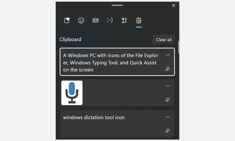 Giao diện Lịch sử Clipboard của Windows hiển thị các mục đã sao chép gần đây