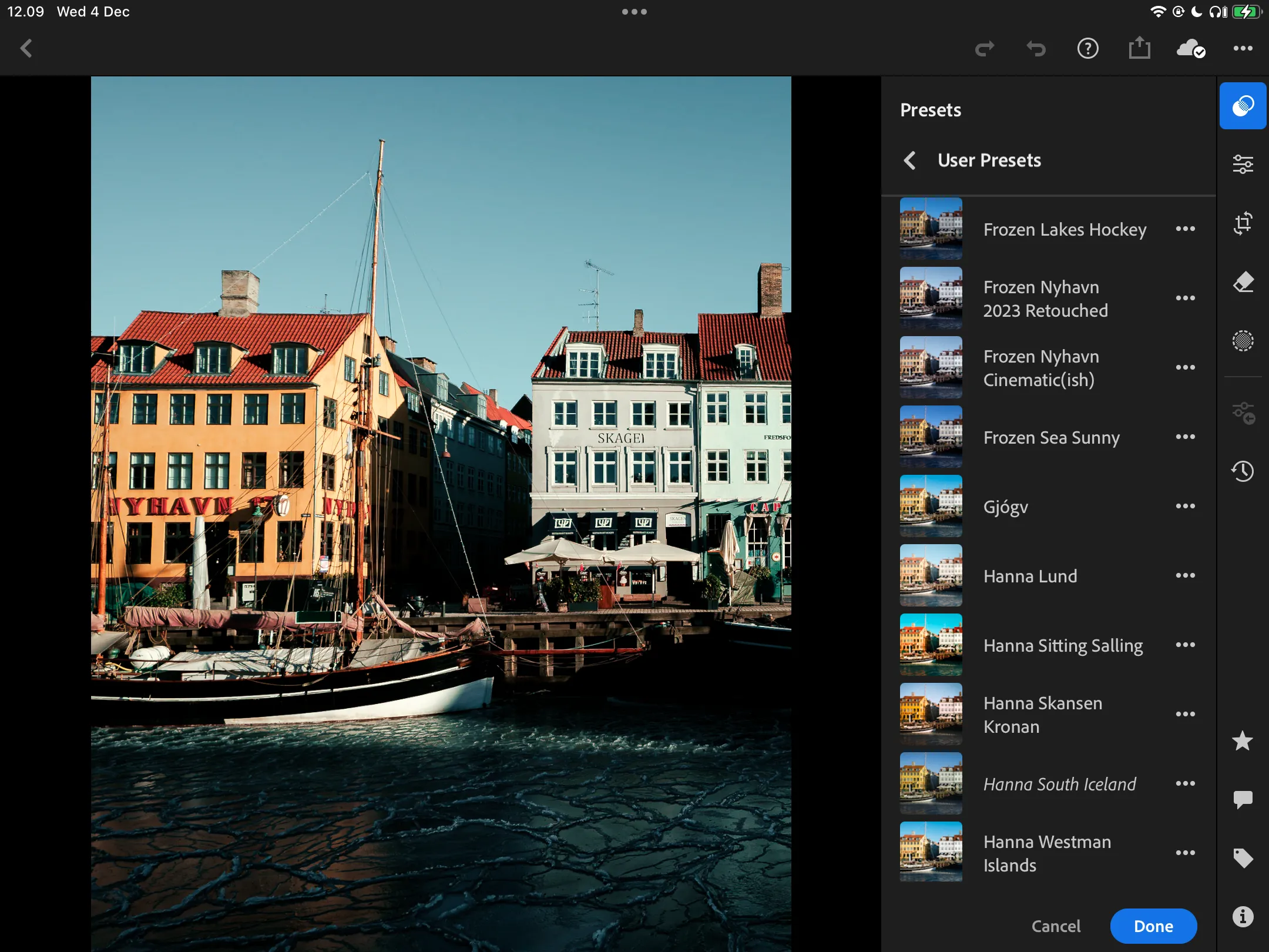 Giao diện lựa chọn preset được đề xuất trong Lightroom CC trên iPad.