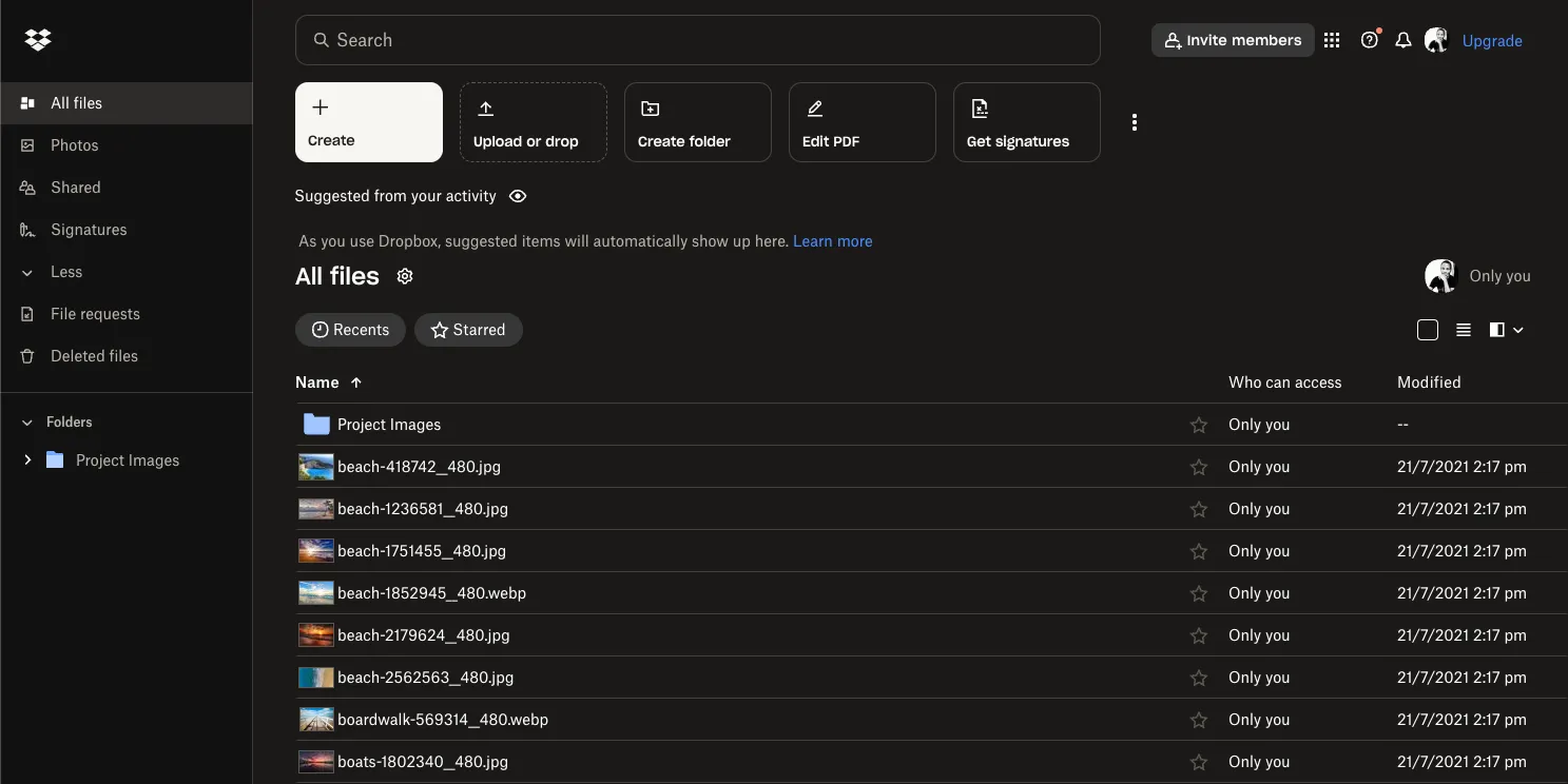 Giao diện màn hình chính của Dropbox Vault, nơi lưu trữ các tệp quan trọng và bảo mật.