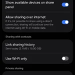 Giao diện menu cài đặt Quick Share trên điện thoại Samsung Galaxy, hiển thị các tùy chọn chia sẻ file nhanh chóng