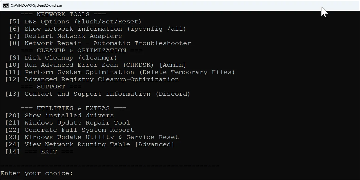 Giao diện menu chính của Windows Maintenance Tool, hiển thị các tùy chọn khắc phục sự cố và bảo trì hệ thống được tổ chức theo từng phần.