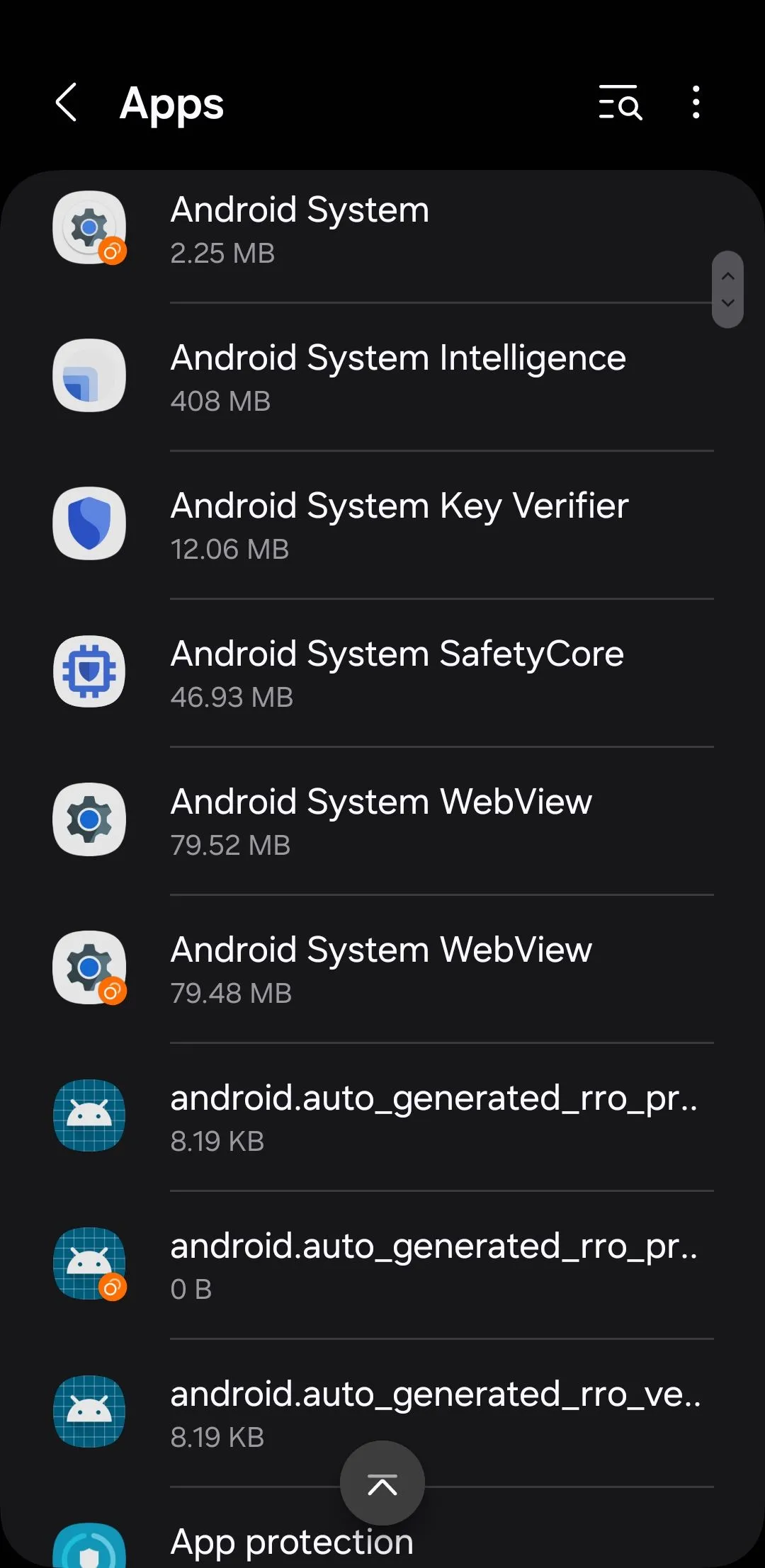 Giao diện menu Ứng dụng (Apps) trên điện thoại Android, nơi quản lý các ứng dụng đã cài đặt