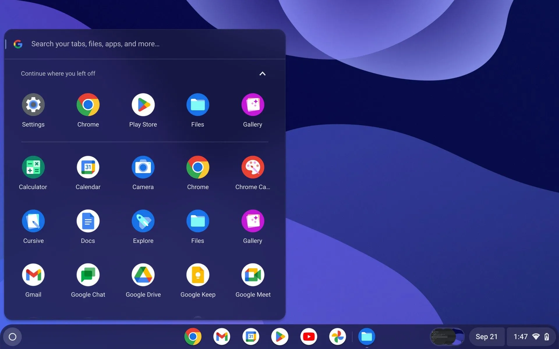 Giao diện menu ứng dụng trên Chromebook hiển thị danh sách các ứng dụng, gợi ý tiềm năng tùy biến giao diện.