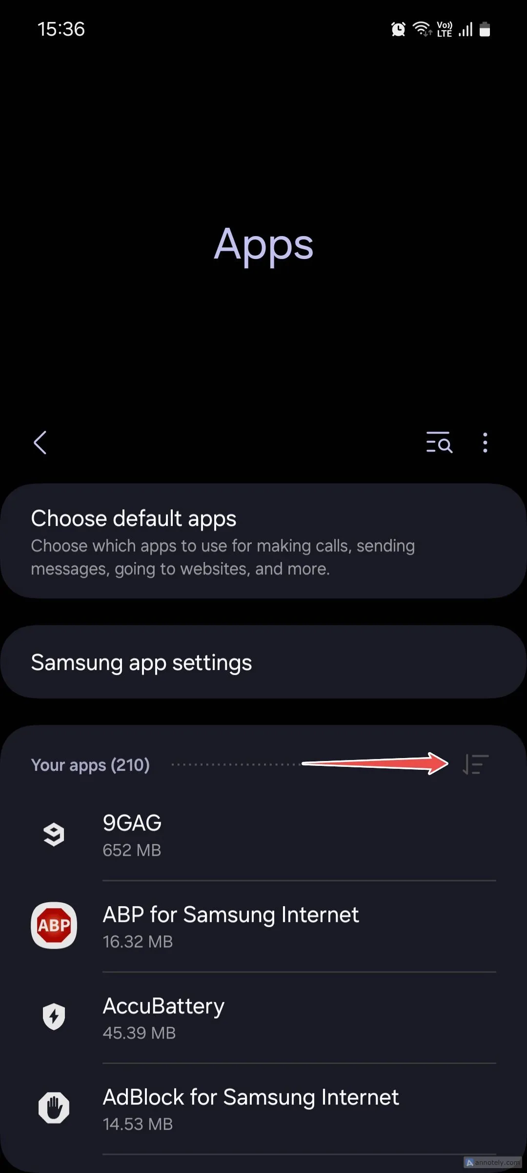 Giao diện menu Ứng dụng trên Samsung One UI hiển thị các tùy chọn lọc và hiển thị ứng dụng hệ thống.