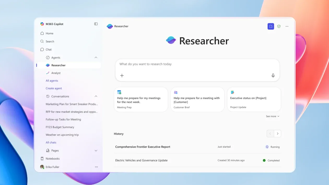 Giao diện Microsoft 365 Copilot Researcher hiển thị khả năng nghiên cứu và tóm tắt thông tin.